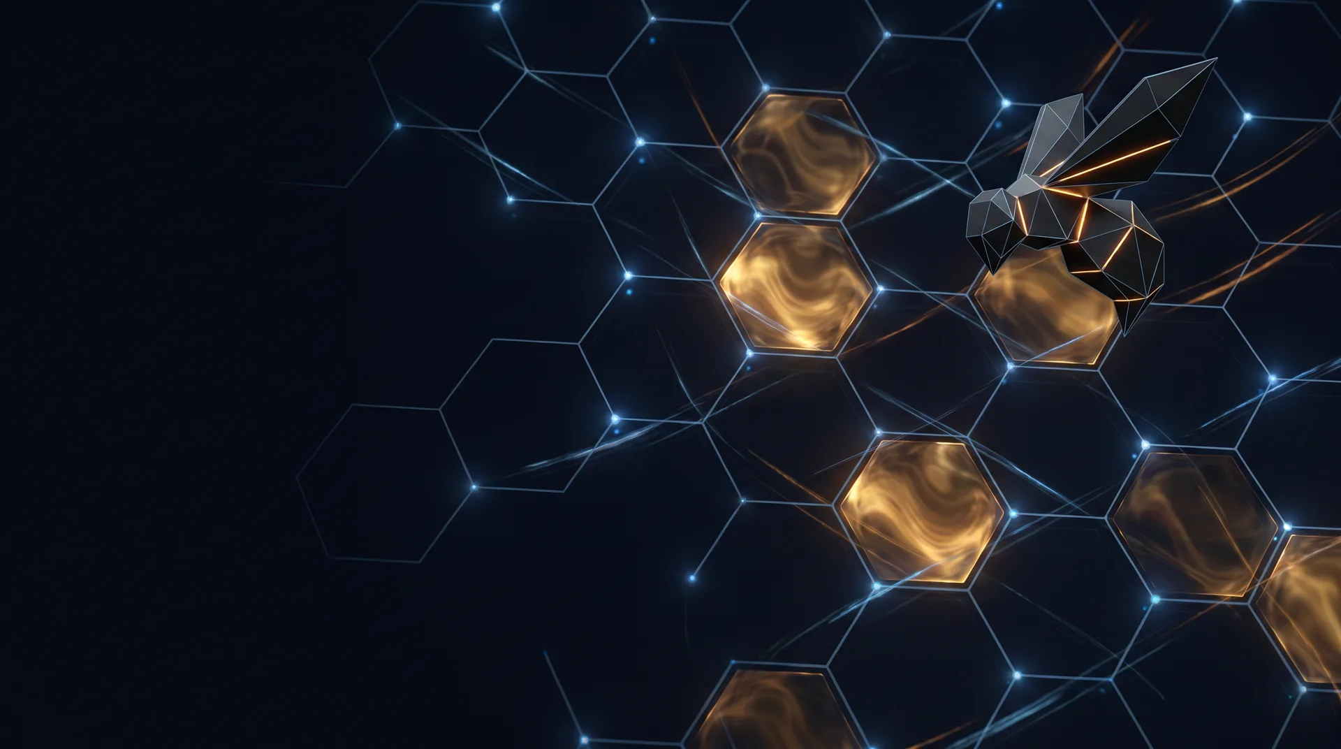 Нейросоты HiveCore: решётка нейросети, ячейки-кампании налиты янтарём, фасетная пчела-агент заходит на горящие ячейки