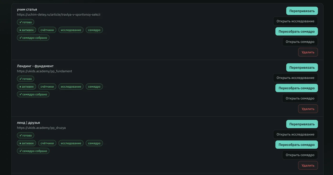 Экран платформы HiveCore: управление сайтами и пересборка семантического ядра